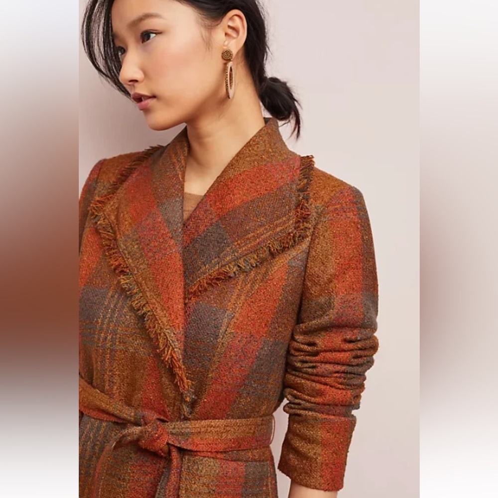 Anthropologie Cartonnier Plaid Preppy Brown Academia Fringed Tweed Blazer 14 - Picture 4 of 15